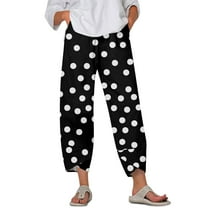WTOBBY Women's Retro Polka Dot Print Casual Wide Leg Elastic Waist Pants with Pockets, Summer Loose Trousers for Comfortable Wear, Lightweight and Fashionable,Black L