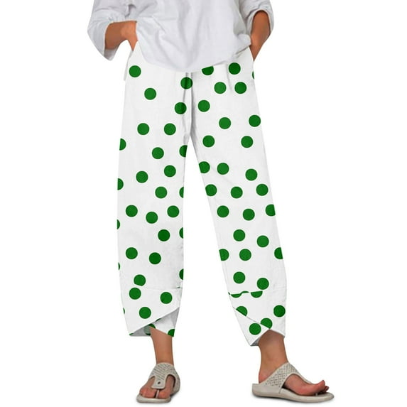 WTOBBY Women's Retro Polka Dot Print Casual Wide Leg Elastic Waist Pants with Pockets, Summer Loose Trousers for Comfortable Wear, Lightweight and Fashionable,Green XL