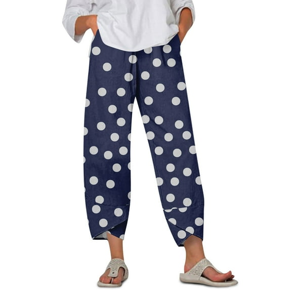 WTOBBY Women's Retro Polka Dot Print Casual Wide Leg Elastic Waist Pants with Pockets, Summer Loose Trousers for Comfortable Wear, Lightweight and Fashionable,Navy S