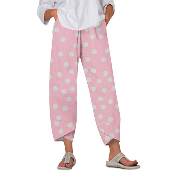 WTOBBY Women's Retro Polka Dot Print Casual Wide Leg Elastic Waist Pants with Pockets, Summer Loose Trousers for Comfortable Wear, Lightweight and Fashionable,Pink M