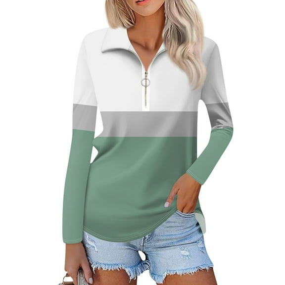 WTOBBY Women's Retro Print Polo Shirt - Long Sleeve Casual V-Neck Zipper Detail Tops for Women, Spring Fall Fashion Comfort Stretch Fabric,Mint Green M