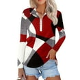 thumbnail image 1 of WTOBBY Women's Retro Print Polo Shirt - Long Sleeve Casual V-Neck Zipper Detail Tops for Women, Spring Fall Fashion Comfort Stretch Fabric,Red L, 1 of 7