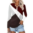 thumbnail image 1 of WTOBBY Women's Retro Print Polo Shirt - Long Sleeve Casual V-Neck Zipper Detail Tops for Women, Spring Fall Fashion Comfort Stretch Fabric,Wine S, 1 of 7