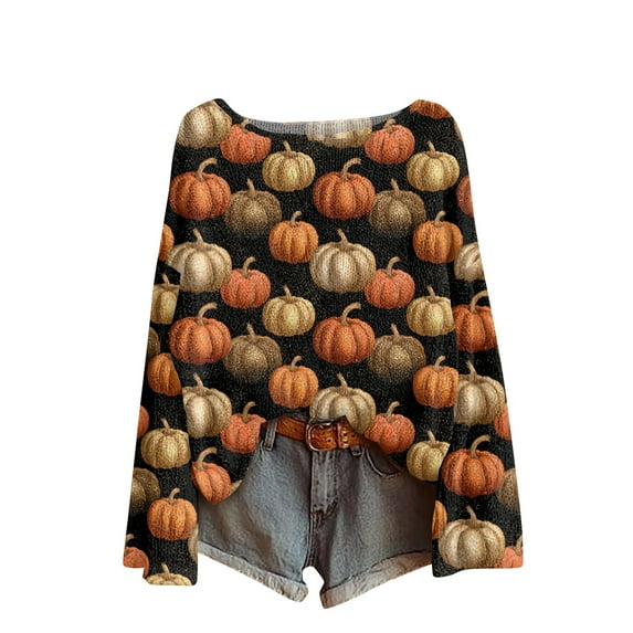 WTOBBY Women's Retro Printed Halloween Top, Long Sleeve Round Neck T-Shirt for Casual Fashion, Featuring Vintage Graphics and Comfort Fit, Great for Everyday Use,Gold S