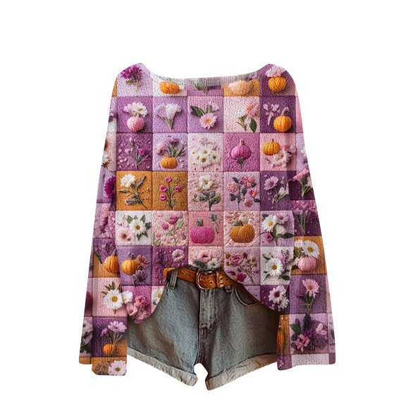 WTOBBY Women's Retro Printed Halloween Top, Long Sleeve Round Neck T-Shirt for Casual Fashion, Featuring Vintage Graphics and Comfort Fit, Great for Everyday Use,Light Purple L