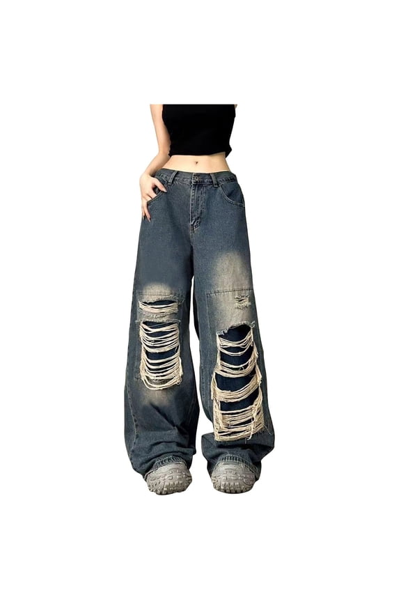 Women's Retro Ripped Loose Straight Wide Leg Denim Pants, Floor-Length Jeans for a Trendy and Relaxed Look, Comfortable Fit with Distressed Details,Blue 3XL