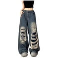 thumbnail image 1 of WTOBBY Women's Retro Ripped Loose Straight Wide Leg Denim Pants, Floor-Length Jeans for a Trendy and Relaxed Look, Comfortable Fit with Distressed Details,Blue S, 1 of 6