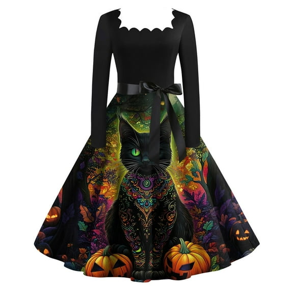 WTOBBY Women's Retro Square-Neck Long-Sleeved Halloween Printed Evening Dress - Chic and Sophisticated Dress for Women, Great for Parties or Night Out,Army Green M