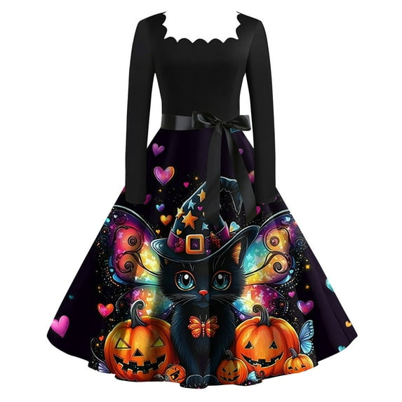 WTOBBY Women's Retro Square-Neck Long-Sleeved Halloween Printed Evening Dress - Chic and Sophisticated Dress for Women, Great for Parties or Night Out,Blue 3XL