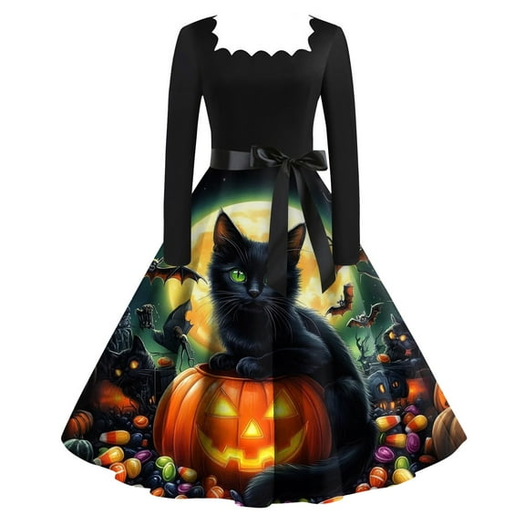 WTOBBY Women's Retro Square-Neck Long-Sleeved Halloween Printed Evening Dress - Chic and Sophisticated Dress for Women, Great for Parties or Night Out,Orange S