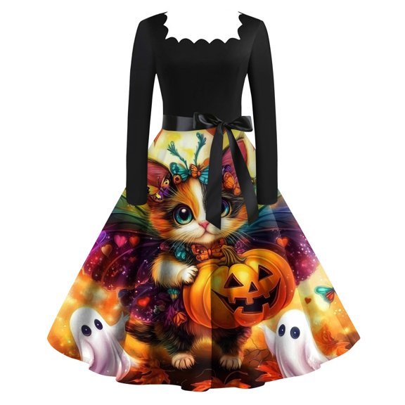 WTOBBY Women's Retro Square-Neck Long-Sleeved Halloween Printed Evening Dress - Chic and Sophisticated Dress for Women, Great for Parties or Night Out,Saffron S