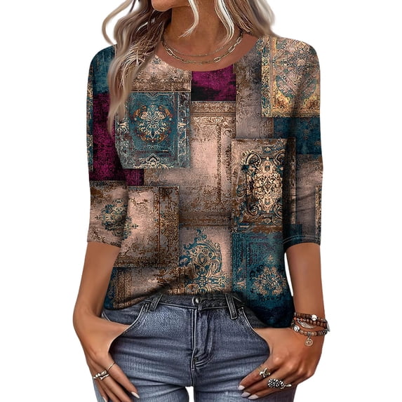 WTOBBY Women's Retro Style 3/4 Sleeve Round Collar Printed Blouse with Floral Design, Ladies Casual Top for Retro Look, Comfortable T-Shirt for Everyday Fashion,Brown M