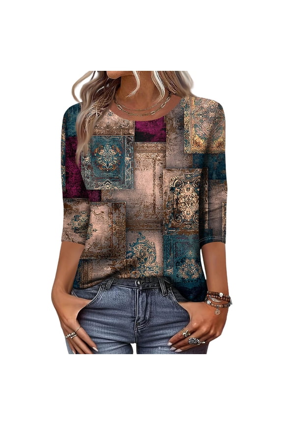 Women's Retro Style 3/4 Sleeve Round Collar Printed Blouse with Floral Design, Ladies Casual Top for Retro Look, Comfortable T-Shirt for Everyday Fashion,Brown 3XL