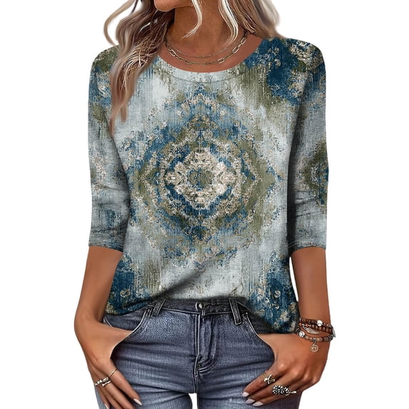 WTOBBY Women's Retro Style 3/4 Sleeve Round Collar Printed Blouse with Floral Design, Ladies Casual Top for Retro Look, Comfortable T-Shirt for Everyday Fashion,Mint Green S