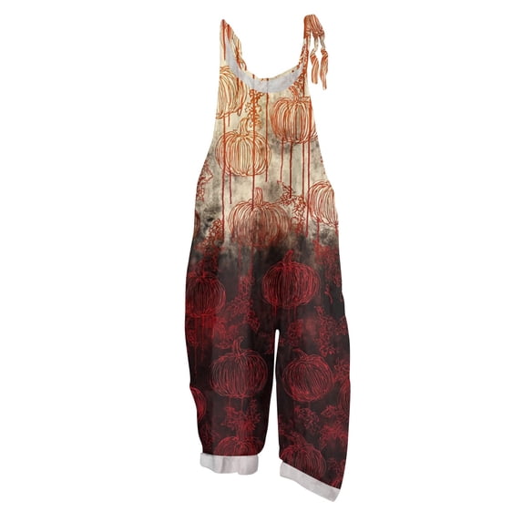 WTOBBY Women's Retro Suspender Jumpsuit Pants with Halloween Print, Casual Loose Fit in Cotton Linen Blend, Comfortable and Stylish for Everyday Wear,VermilionS
