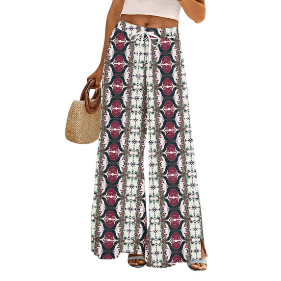 WTOBBY Women's Retro Texture Print Wide Leg Pants Featuring Elastic Waistband Drawstring Functional Pockets and Casual Loose Trousers for Everyday Style ,Wine S