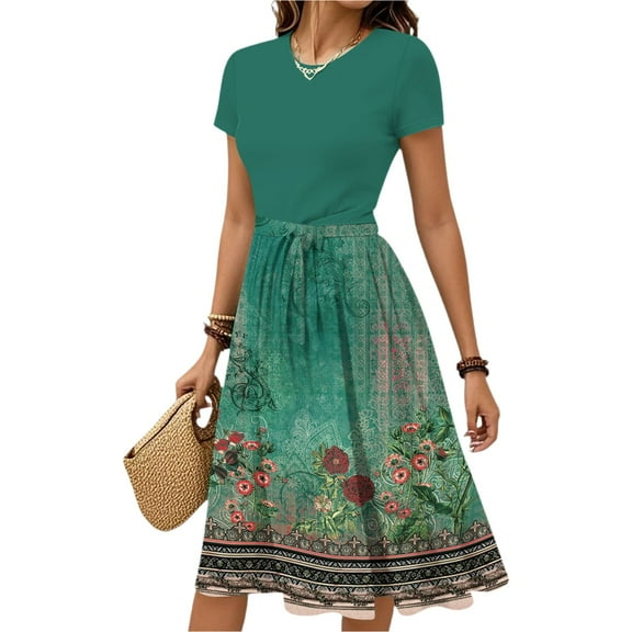 WTOBBY Women's Retro Vintage Print Belted Waist Short Sleeve Round Neck Casual Elegant Spring Dress,Gray L