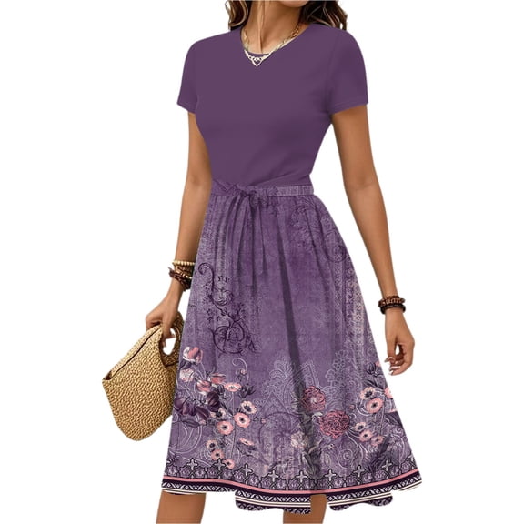 WTOBBY Women's Retro Vintage Print Belted Waist Short Sleeve Round Neck Casual Elegant Spring Dress,Royal Blue S