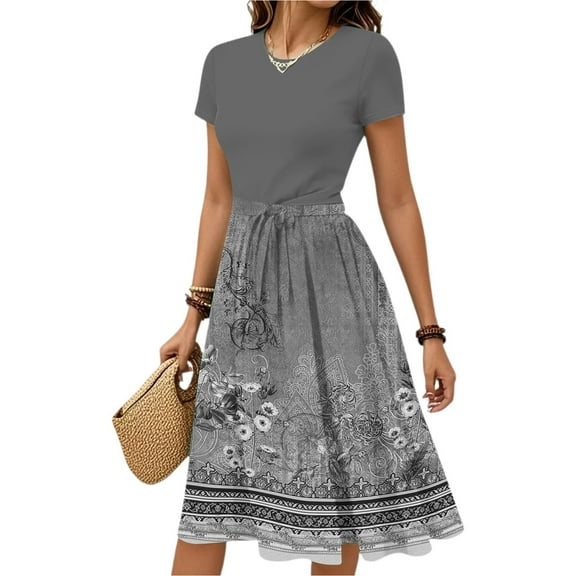 WTOBBY Women's Retro Vintage Print Belted Waist Short Sleeve Round Neck Casual Elegant Spring Dress,White L