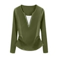thumbnail image 1 of WTOBBY Women's Rhinestone Hot Stamp Long Sleeve T-Shirt, Casual Fake Two Piece Look Top, Plus Size Blouse with Sparkle Design, Comfortable Fall Fashion Tee,Army Green L, 1 of 4