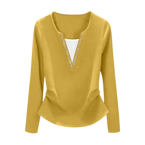 WTOBBY Women's Rhinestone Hot Stamp Long Sleeve T-Shirt, Casual Fake Two Piece Look Top, Plus Size Blouse with Sparkle Design, Comfortable Fall Fashion Tee,Yellow L