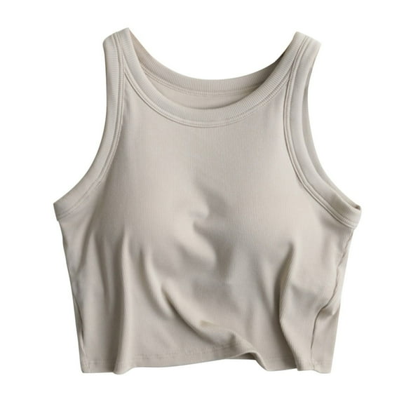 WTOBBY Women's Ribbed Crop Camisole with Built-in Chest Pad, Sexy Fitted Tank Top for Layering, Soft Stretchy Plus Size Comfort Sleepwear Essential,Khaki L