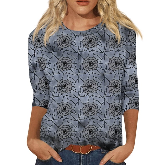 WTOBBY Women's Round Neck 3/4 Sleeve Halloween Print Casual T-Shirt Top Loose Fit Blouse for Fall Seasonal Wear and Everyday Fashion Outfits,Dark Gray M