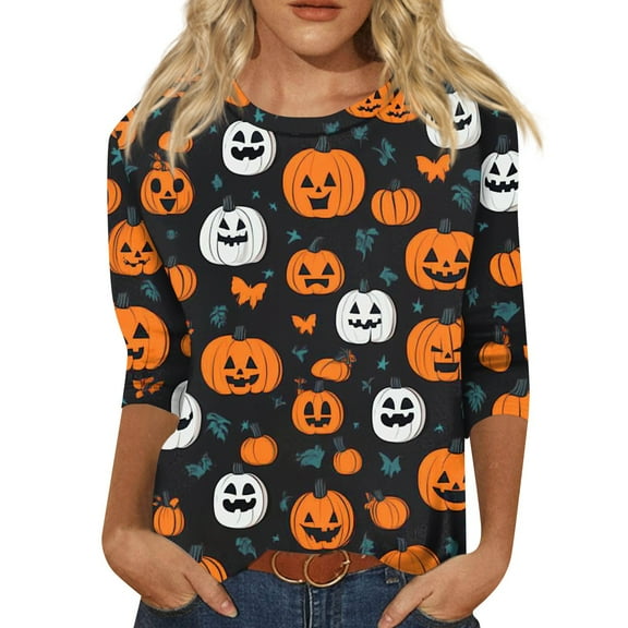 WTOBBY Women's Round Neck 3/4 Sleeve Halloween Print Casual T-Shirt Top Loose Fit Blouse for Fall Seasonal Wear and Everyday Fashion Outfits,Black L