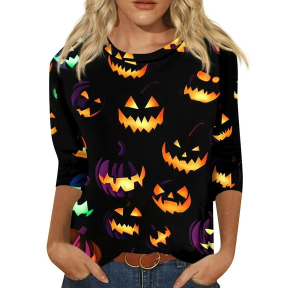 WTOBBY Women's Round Neck 3/4 Sleeve Halloween Print Casual T-Shirt Top Loose Fit Blouse for Fall Seasonal Wear and Everyday Fashion Outfits,Yellow S