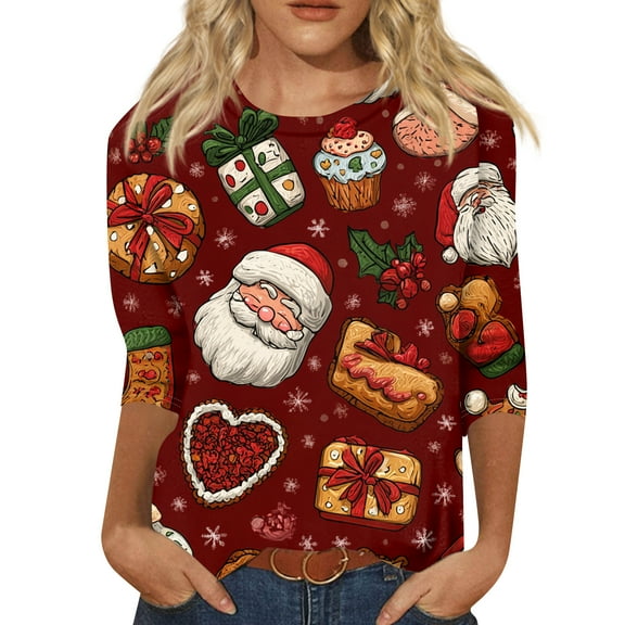 WTOBBY Women's Round Neck 3/4 Sleeve Printed T-Shirt with Christmas Pattern, Women's Casual Top for Holiday Events, Comfortable Blouse for Daily Fashion and Seasonal Style,Red 4XL