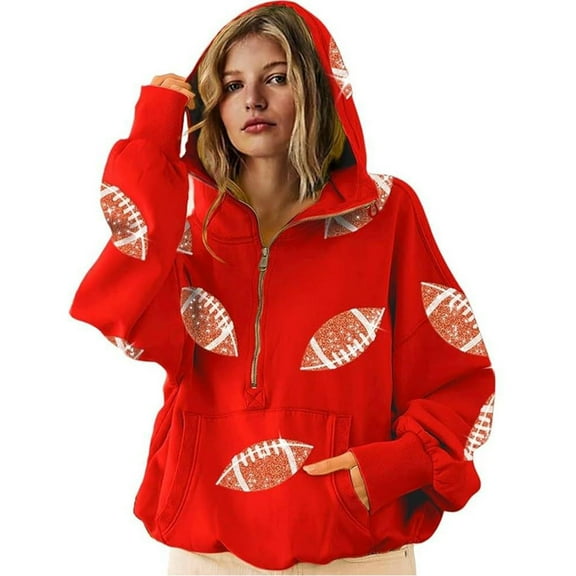 WTOBBY Women's Rugby Print and Pockets Long Sleeve Half Zipper Non Velvet Thread Hooded Sweatshirt, Sporty Design with Ribbed Fabric, Casual Top for Outdoor Activities,Red M
