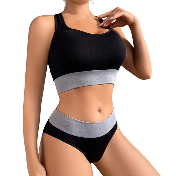 WTOBBY Women's Seamless Bra & Shorts Set: Sporty Colorblock Activewear for Yoga, Gym or Leisure, Comfortable Wirefree Support and Full Coverage,Black L