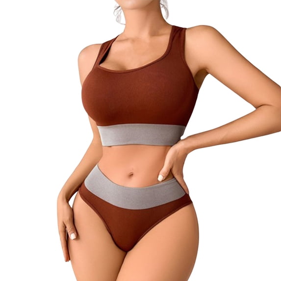 WTOBBY Women's Seamless Bra & Shorts Set: Sporty Colorblock Activewear for Yoga, Gym or Leisure, Comfortable Wirefree Support and Full Coverage,Coffee L