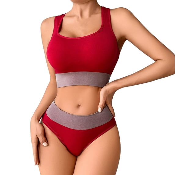 WTOBBY Women's Seamless Bra & Shorts Set: Sporty Colorblock Activewear for Yoga, Gym or Leisure, Comfortable Wirefree Support and Full Coverage,Red XL