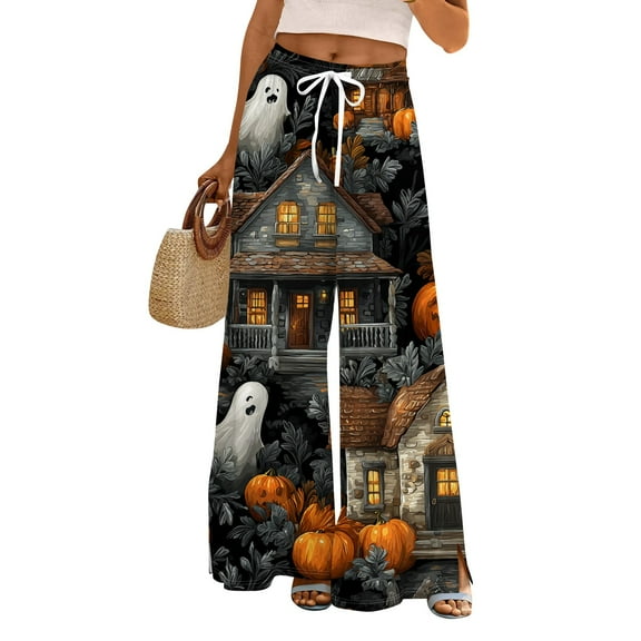 WTOBBY Women's Seasonal Casual Halloween Print Elastic Waist Drawstring Pocket Wide Leg Trousers with Festive Patterns for Fun Fall Outfits and Comfortable Wear,Dark Green L