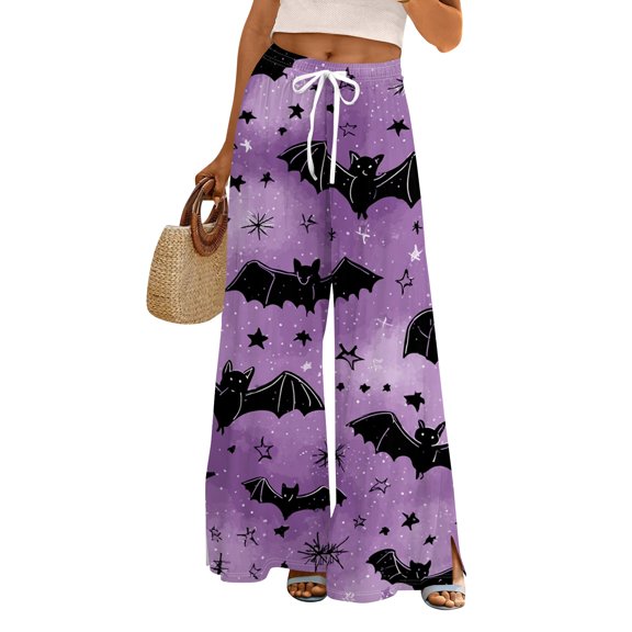 WTOBBY Women's Seasonal Casual Halloween Print Elastic Waist Drawstring Pocket Wide Leg Trousers with Festive Patterns for Fun Fall Outfits and Comfortable Wear,Light Purple S