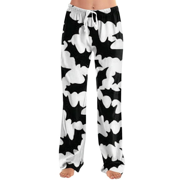 WTOBBY Women's Seasonal Halloween Print Casual Pants with Drawstring Waist, Comfortable Loose Fit Trousers for Fall Theme Activities,Beige S