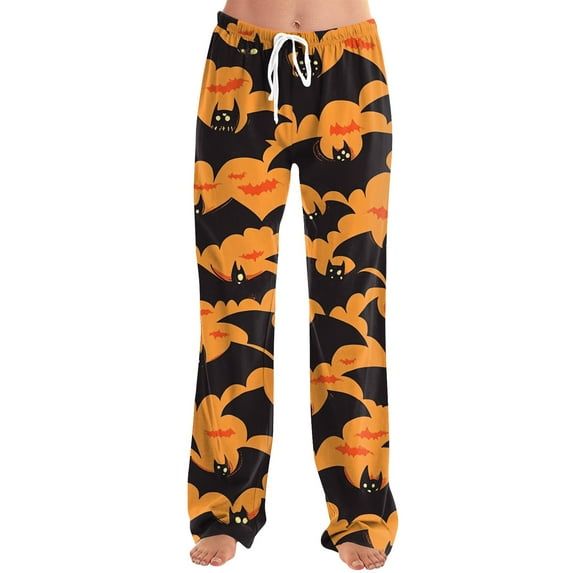 WTOBBY Women's Seasonal Halloween Print Casual Pants with Drawstring Waist, Comfortable Loose Fit Trousers for Fall Theme Activities,Orange S