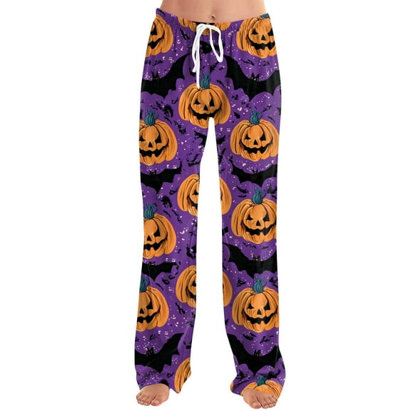 WTOBBY Women's Seasonal Halloween Print Casual Pants with Drawstring Waist, Comfortable Loose Fit Trousers for Fall Theme Activities,Purple XL