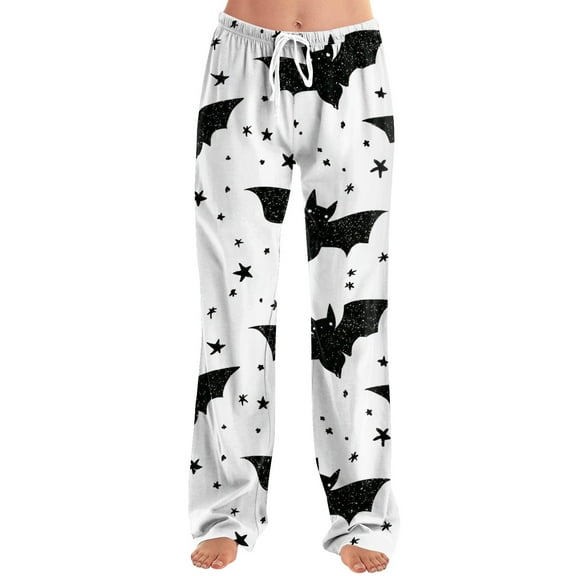 WTOBBY Women's Seasonal Halloween Print Casual Pants with Drawstring Waist, Comfortable Loose Fit Trousers for Fall Theme Activities,White S