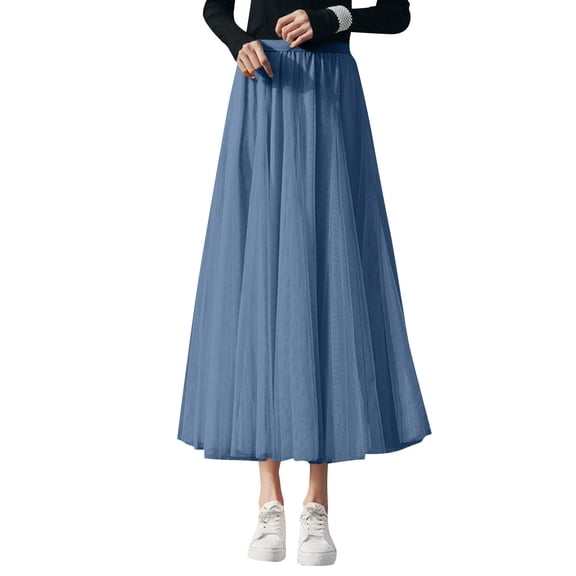 WTOBBY Women's Sequin Embellished Long Tulle Solid Color Elegant Skirt, Layered Mesh Tea Length Big Hem Skirt for Evening Galas Prom and Party Events,Blue S