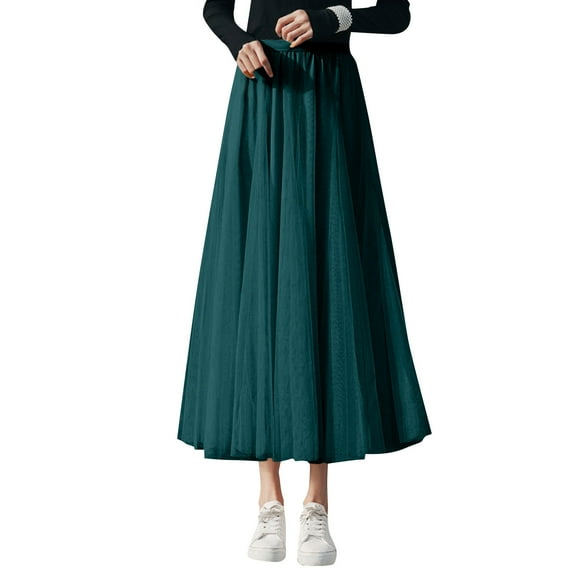 WTOBBY Women's Sequin Embellished Long Tulle Solid Color Elegant Skirt, Layered Mesh Tea Length Big Hem Skirt for Evening Galas Prom and Party Events,Dark Green S