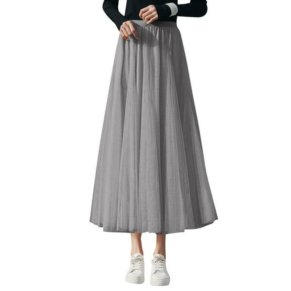 WTOBBY Women's Sequin Embellished Long Tulle Solid Color Elegant Skirt, Layered Mesh Tea Length Big Hem Skirt for Evening Galas Prom and Party Events,Gray S