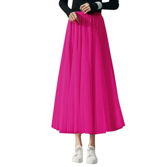 WTOBBY Women's Sequin Embellished Long Tulle Solid Color Elegant Skirt, Layered Mesh Tea Length Big Hem Skirt for Evening Galas Prom and Party Events,Hot Pink S