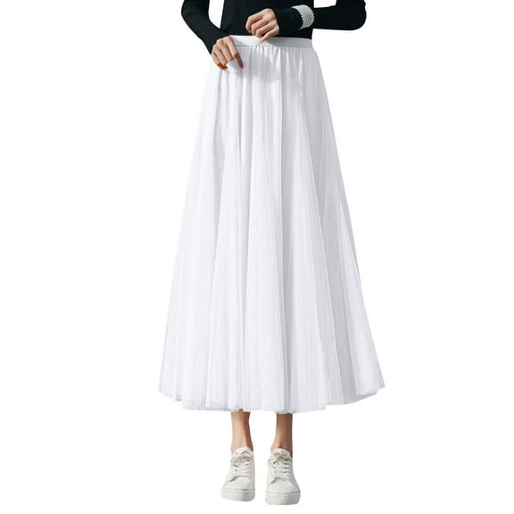 WTOBBY Women's Sequin Embellished Long Tulle Solid Color Elegant Skirt, Layered Mesh Tea Length Big Hem Skirt for Evening Galas Prom and Party Events,White S