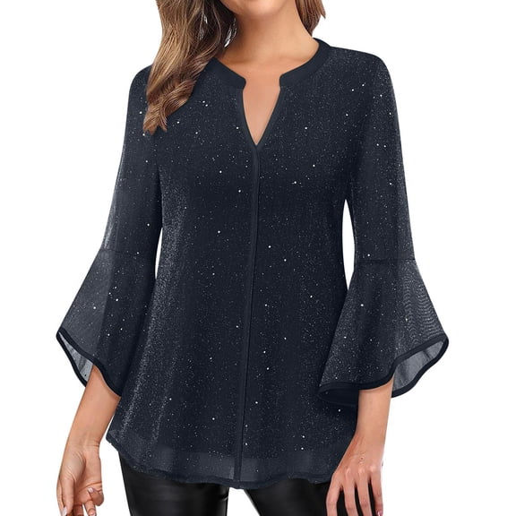 WTOBBY Women's Sheer Sparkle Peplum Top 3/4 Sleeve V-Neck Mesh Blouse with Flutter Sleeves for Party Wear and Special Occasion Fall Fashion,Dark Gray S