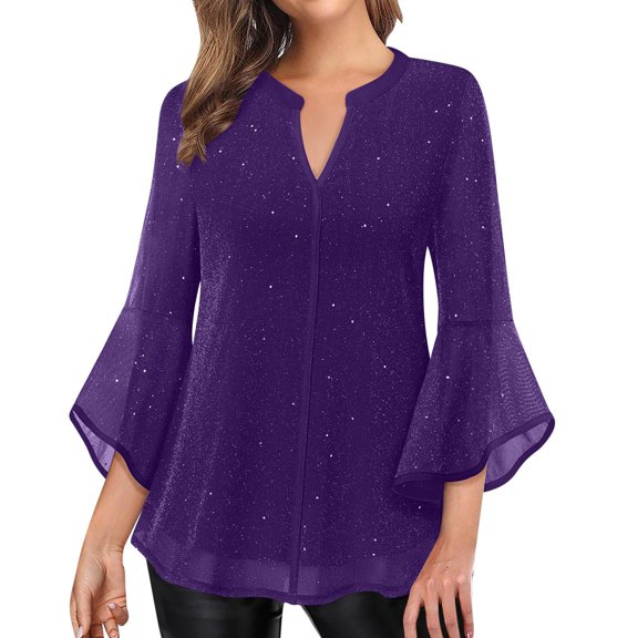 WTOBBY Women's Sheer Sparkle Peplum Top 3/4 Sleeve V-Neck Mesh Blouse with Flutter Sleeves for Party Wear and Special Occasion Fall Fashion,Dark Purple XL
