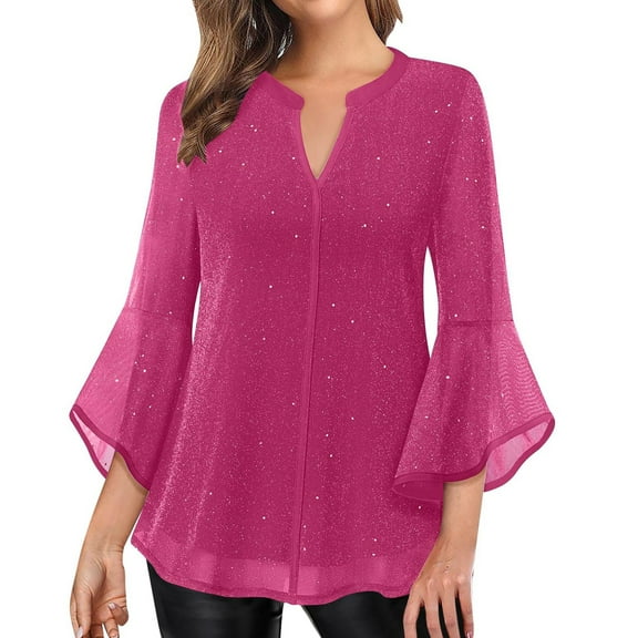 WTOBBY Women's Sheer Sparkle Peplum Top 3/4 Sleeve V-Neck Mesh Blouse with Flutter Sleeves for Party Wear and Special Occasion Fall Fashion,Hot Pink S