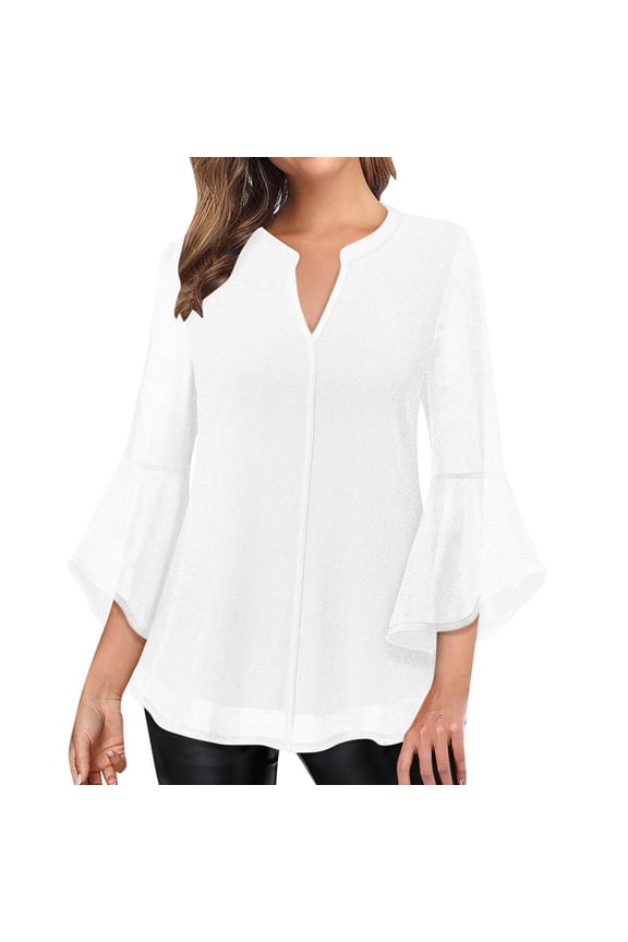Women's Sheer Sparkle Peplum Top 3/4 Sleeve V-Neck Mesh Blouse with Flutter Sleeves for Party Wear and Special Occasion Fall Fashion,White 2XL
