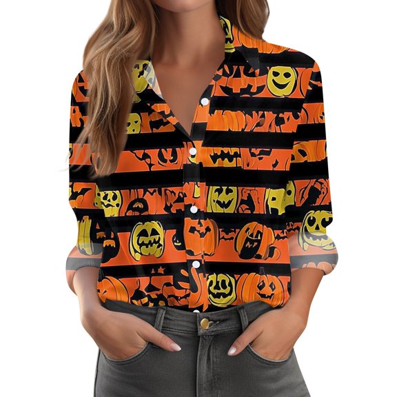 WTOBBY Women's Shirt Blouse Halloween Print Button Long Sleeve Casual Basic Shirt Collar Regular Top - Stylish and Comfortable for Daily Office Wear and Fashion Outfits,Saffron L